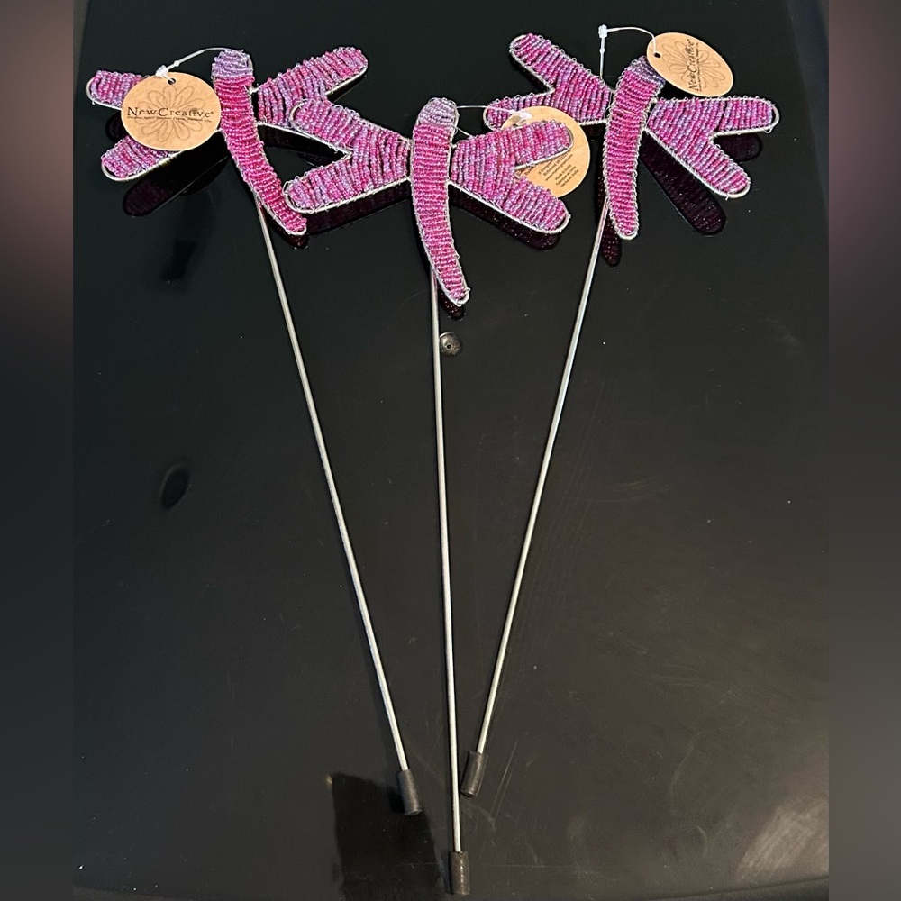 New Creative- Beaded Dragon Fly Metal Flower Picks Set of 3